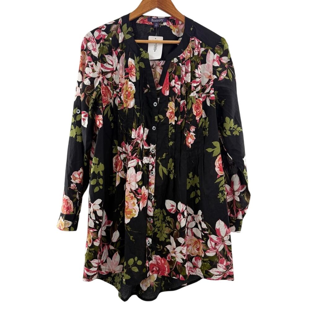 NWT Roaman’s Floral Longline Roll Tab Sleeve Lightweight Tunic Shirt / Dress 14W